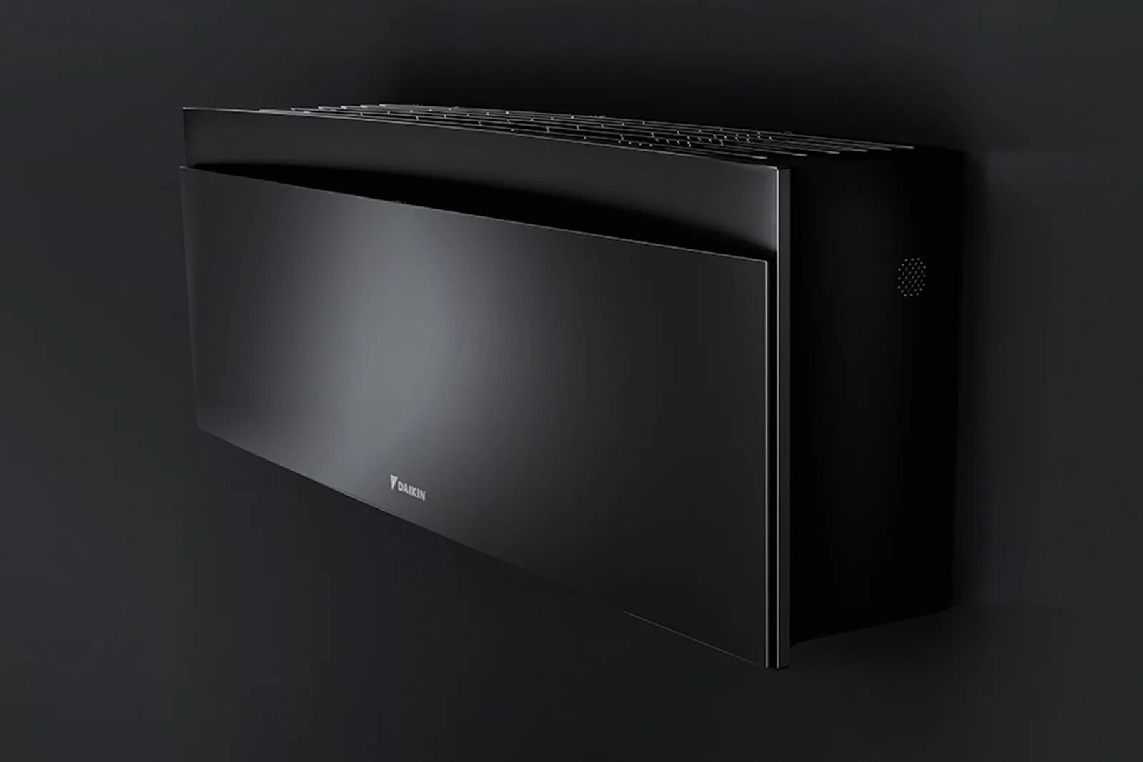 Daikin Emura i matt sort, med sin rene, buede form sett fra siden