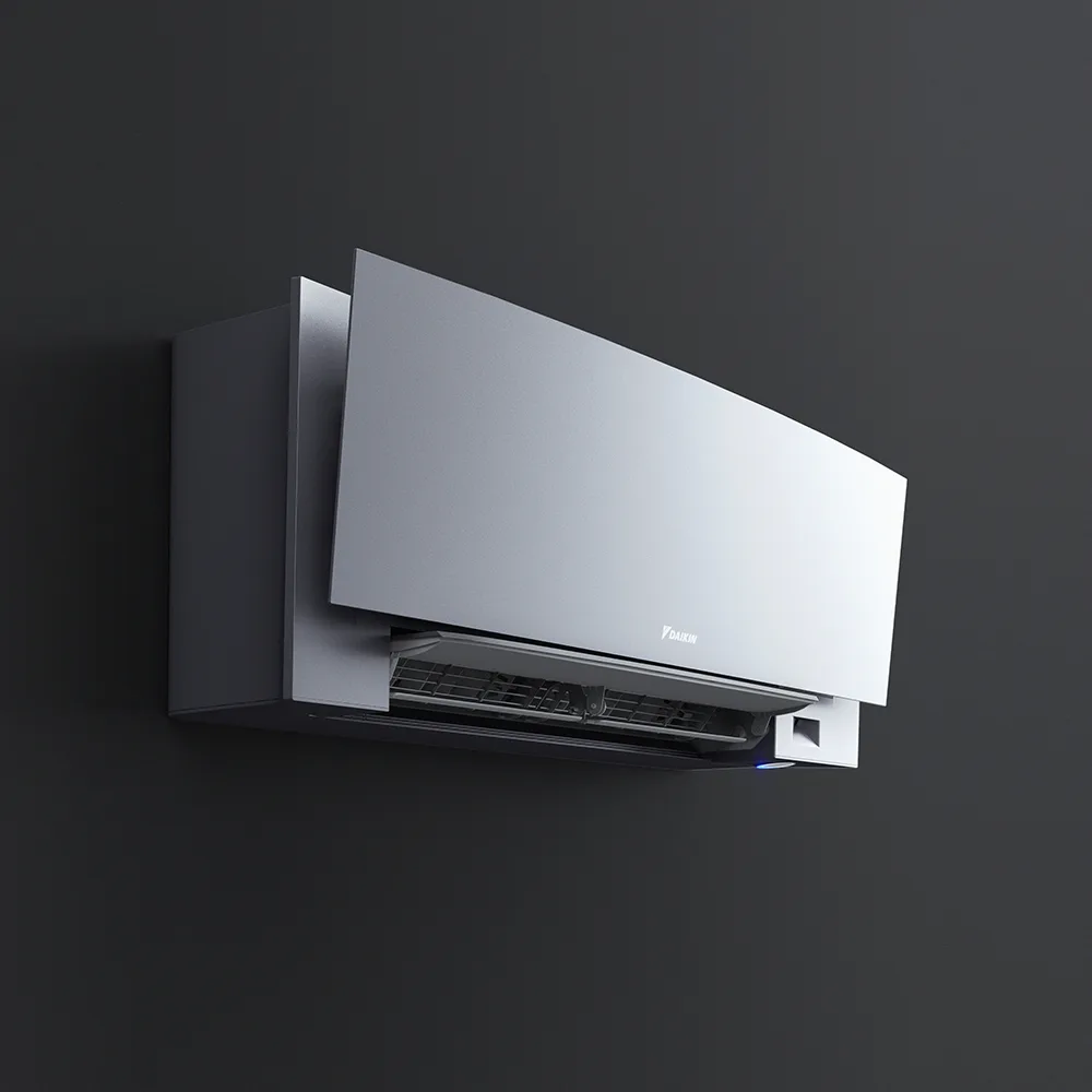 Daikin Emura med frontpanelet åpent, som viser viften og lamellene bak designet