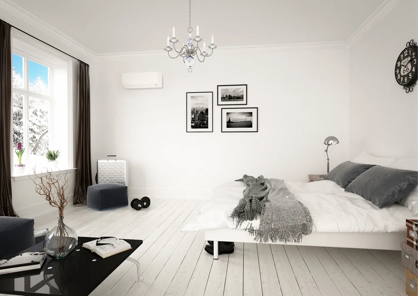 Daikin Moskus montert i et lyst, nordisk soverom.