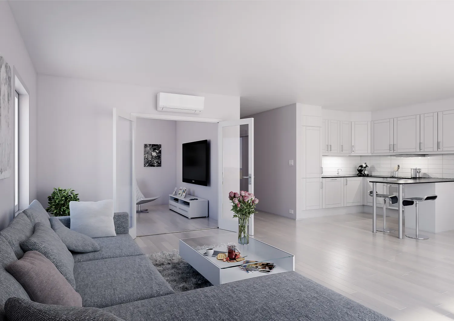 Daikin Moskus montert i en lys og åpen nordisk stue.