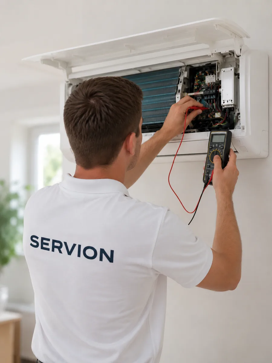 Servion technician troubleshooting the indoor unit with a multimeter