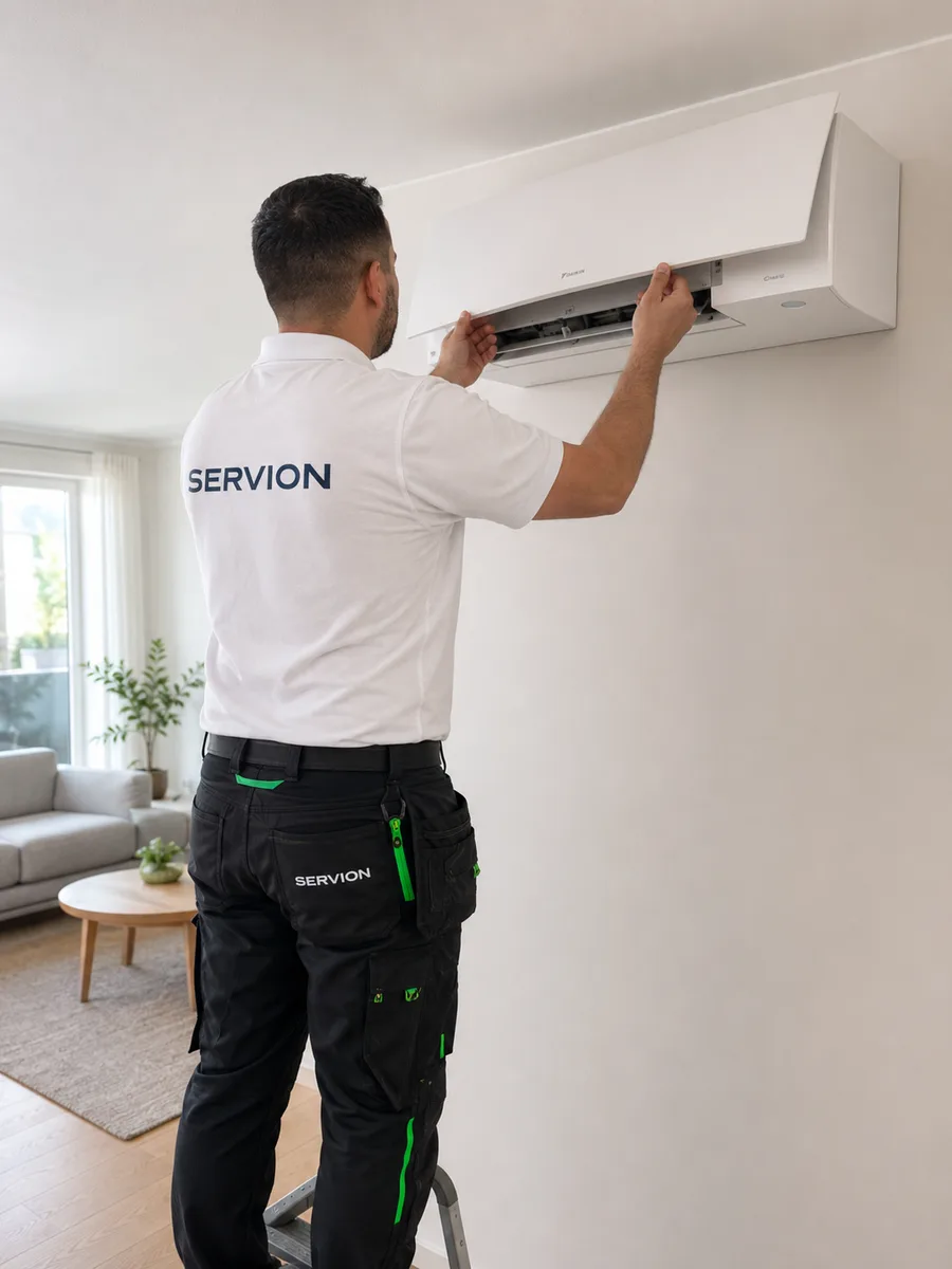 Servion technician inspecting the inside of the indoor unit